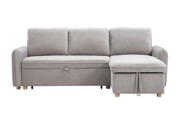 Canapé d'angle convertible réversible avec coffre 3 places en tissu chenille gris et bois clair ORSO