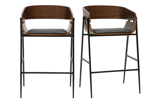 Tabourets de bar design bois foncé et métal noir (lot de 2) WESS