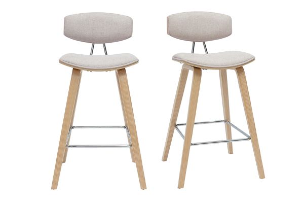 Tabourets de bar design en tissu effet velours texturé beige et bois clair H69 cm (lot de 2) VASCO