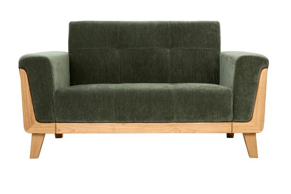 Canapé scandinave 2 places en tissu effet velours vert kaki et bois clair FJORD