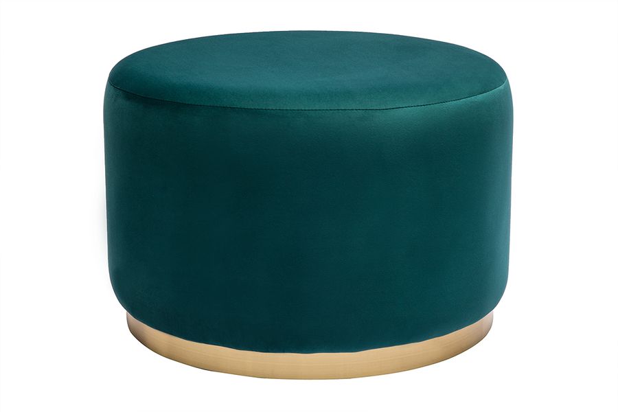 Puf redondo de terciopelo azul petróleo y metal dorado D54 cm AMAYA
