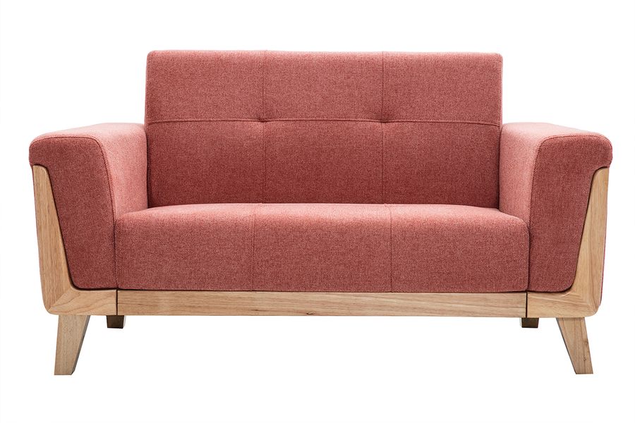 Sofá nórdico 2 plazas de tela terracota y madera clara FJORD