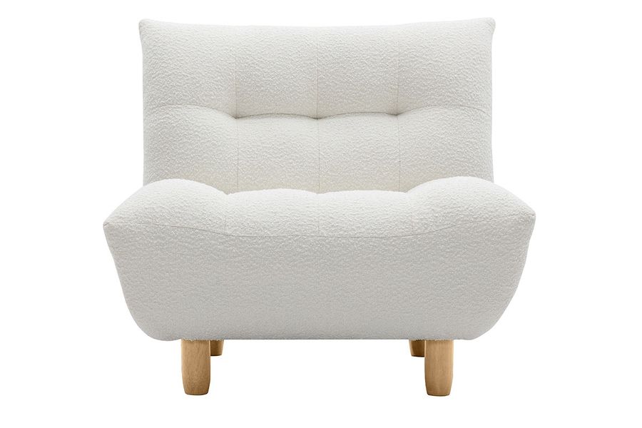 Poltrona scandinava in tessuto effetto lana bouclé bianco e legno chiaro YUMI