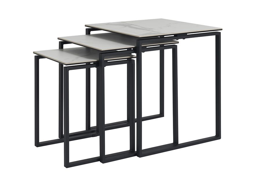 Tables basses gigognes design en céramique effet marbre blanc et métal noir (lot de 3) STRESA
