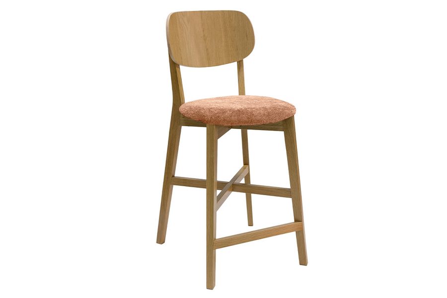 Tabouret de bar en bois clair chêne et tissu effet velours terre brûlée H65 cm LUCIA