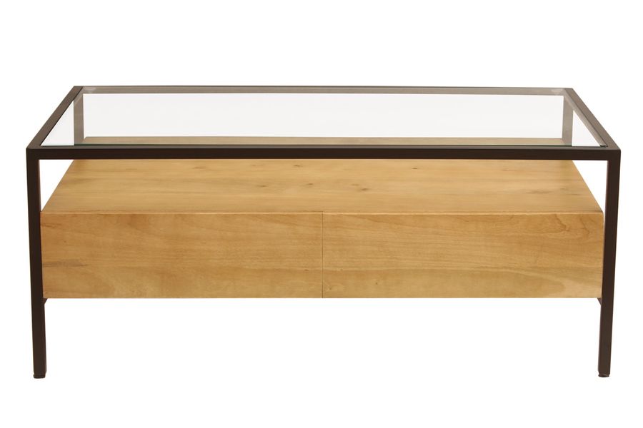 Table basse rectangulaire avec rangements en bois manguier massif, verre et métal noir L100 cm SITA