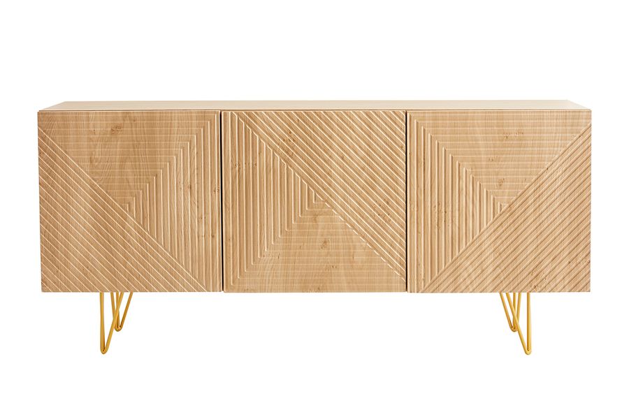 Credenza design con incisioni legno chiaro rovere e metallo dorato 3 ante L160 cm OZEN