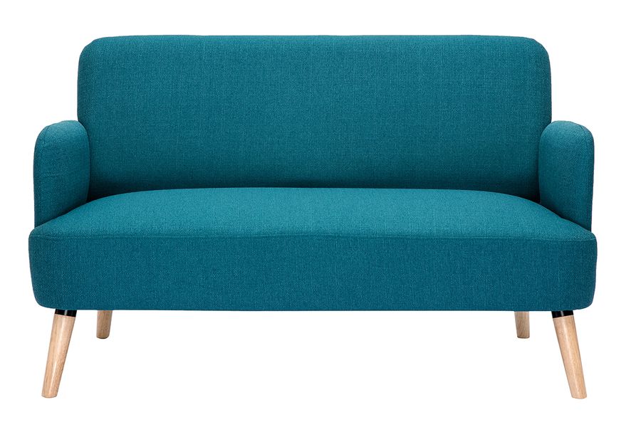 Sofá nórdico 2 plazas de tela azul petróleo y madera clara ISKO