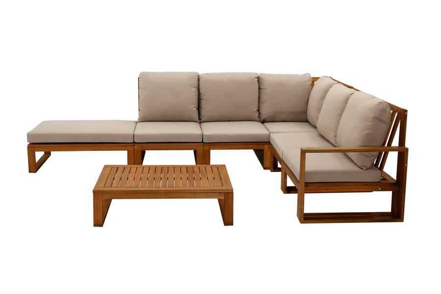 Salon de jardin d'angle 6-8 places en bois massif avec coussins déhoussables taupe SALSA
