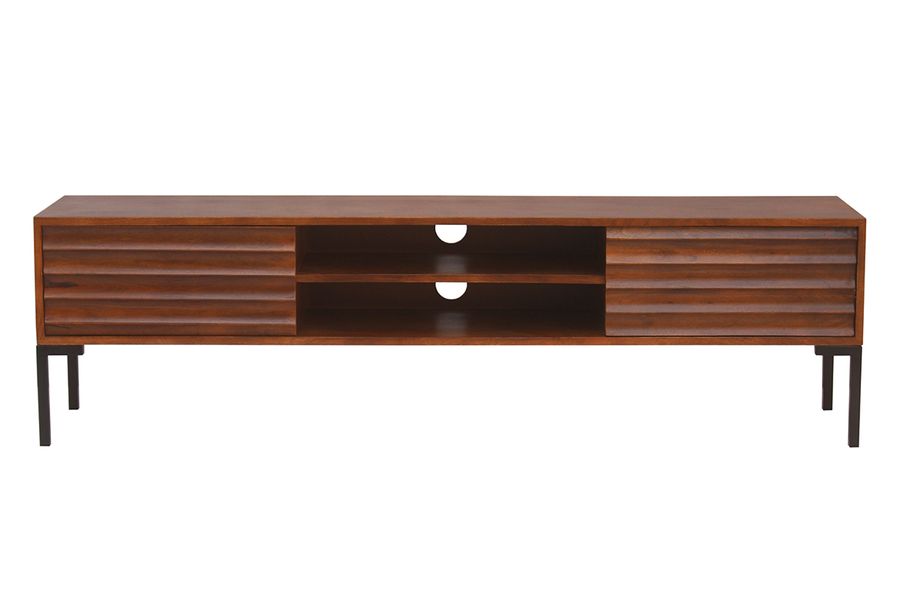 Meuble TV en bois foncé manguier massif et métal noir 2 portes L160 cm ONDA