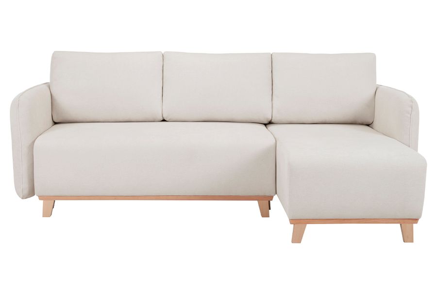 Sofá cama chaise longue reversible 3-4 plazas de tejido efecto aterciopelado texturizado beige y madera clara ROMANE