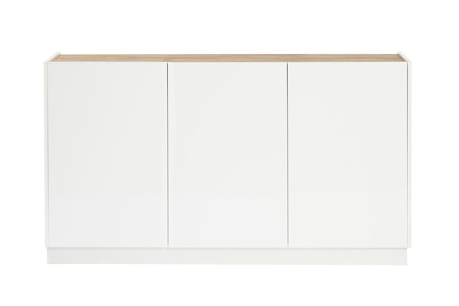 Aparador 3 puertas lacado blanco brillo y diseño madera clara 155 cm NELIO