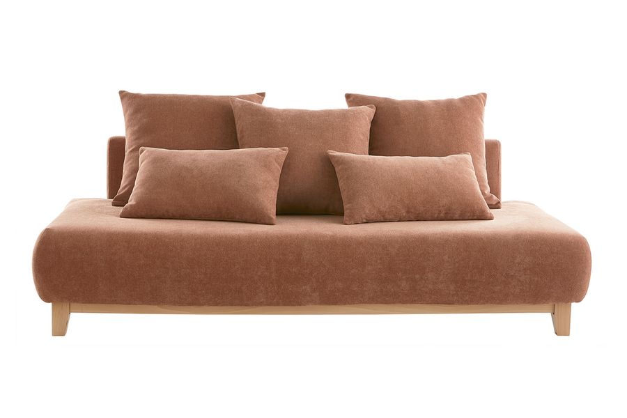 Canapé 3 places en tissu effet velours texturé terre brûlée et bois clair L200 cm ODEON