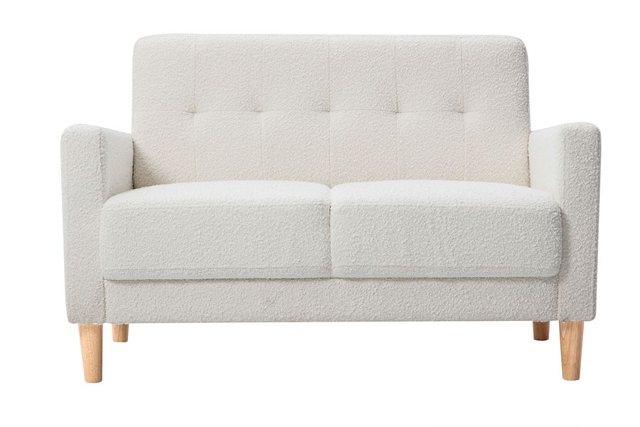 Canapé scandinave 2 places en tissu effet laine bouclée blanc et bois clair MOON