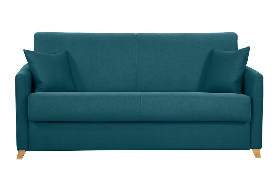 Divano letto 3 posti in tessuto blu anatra e legno chiaro con materasso 18 cm SKANDY