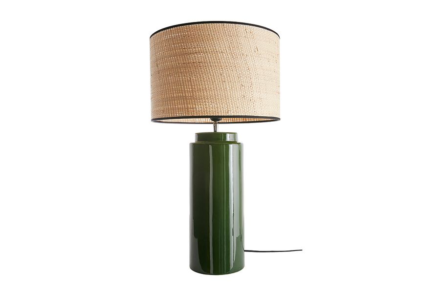 Lampada da tavolo in ceramica smaltata verde e paralume in rafia naturale H64 cm MAJES