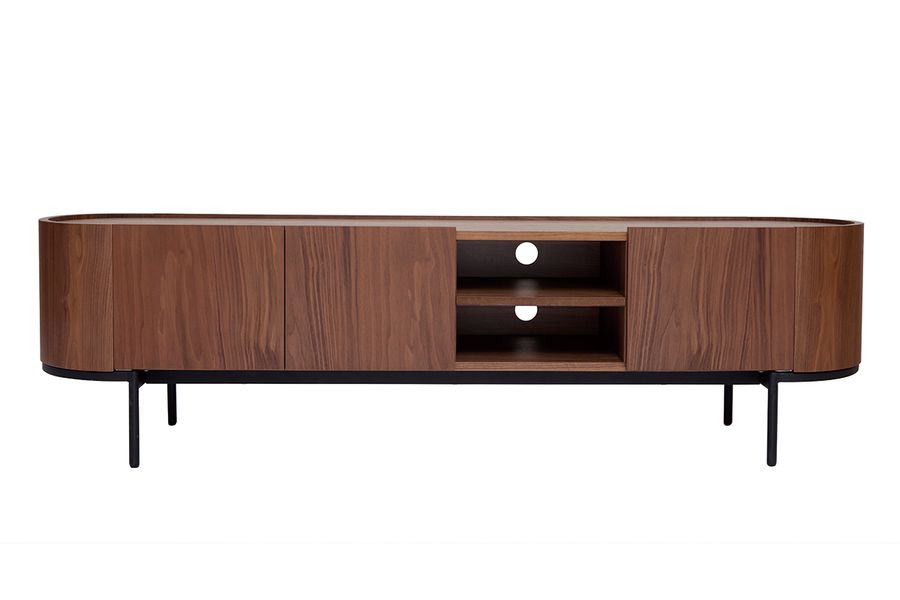 Mueble TV de diseño en nogal oscuro y metal negro con almacenaje 180 cm SKYE