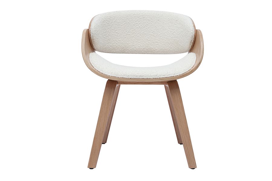 Design-Stuhl aus weißem Stoff mit Bouclé-Wolleffekt und hellem Holz BENT