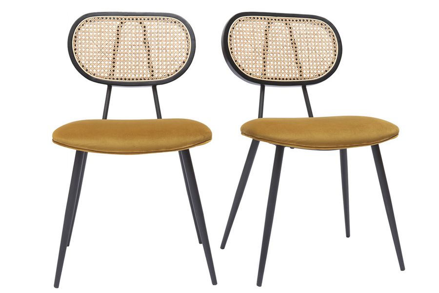 Design-Stühle aus bronzefarbenem Samtstoff, schwarzem Metall und naturfarbenem Rattangeflecht (2er-Set) TOLMA
