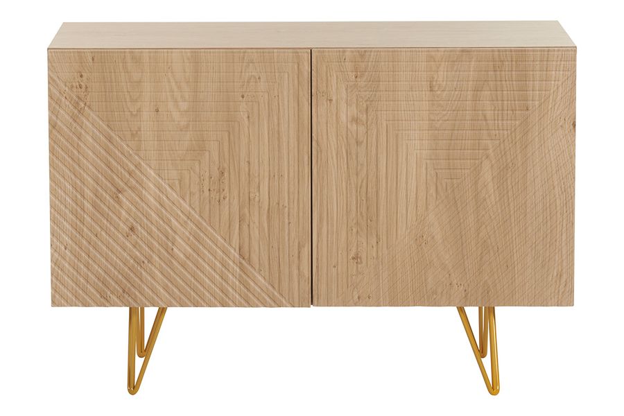 Aparador de diseño de madera de roble claro con grabados y metal dorado 2 puertas 107 cm OZEN