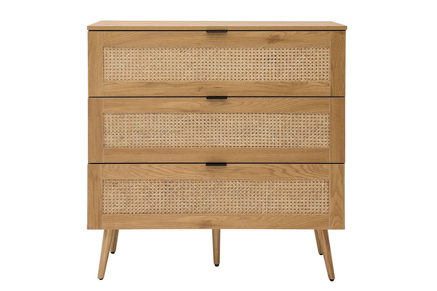 Comò in legno chiaro, motivo a intreccio in rattan e metallo nero 3 cassetti L100 cm MANILLE
