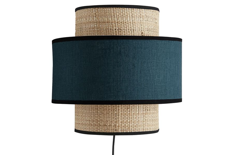 Applique murale bi-matière en rabane et lin bleu canard H24 cm LITCHI