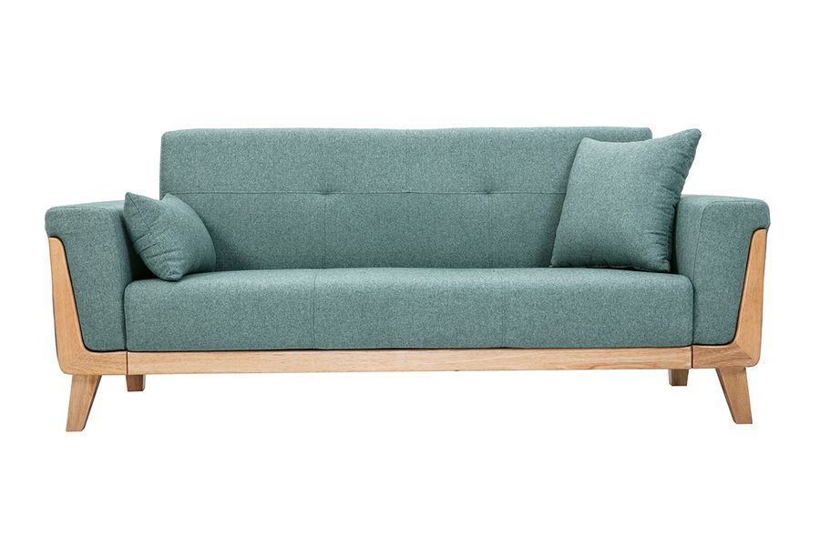 Divano scandinavo 3 posti in tessuto grigio verde e legno chiaro FJORD