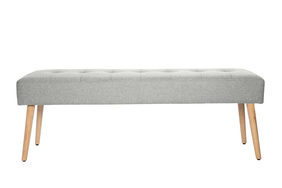 Panca scandinava lavorazione capitonné in tessuto effetto velluto testurizzato grigio chiaro e legno chiaro L130 cm GUESTA