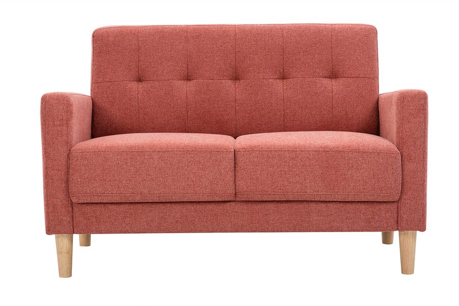 Sofá nórdico 2 plazas de tejido efecto aterciopelado texturizado terracota y madera clara MOON