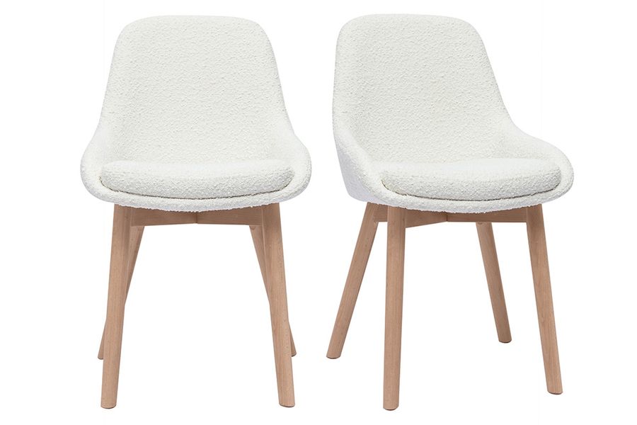 Sedie scandinave in tessuto effetto lana bouclé bianco e legno chiaro massello (set di 2) HOLO