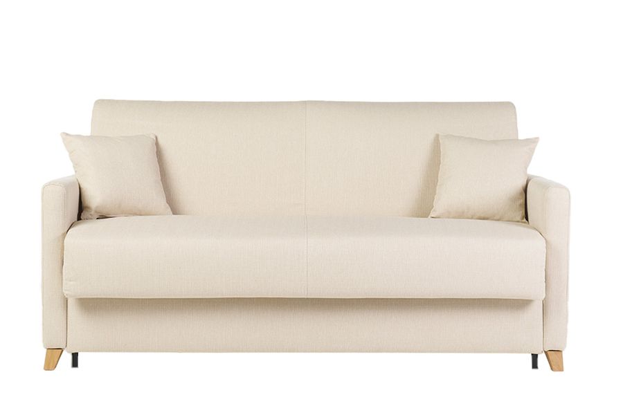 Divano letto 3 posti in tessuto beige e legno chiaro con materasso 18 cm SKANDY