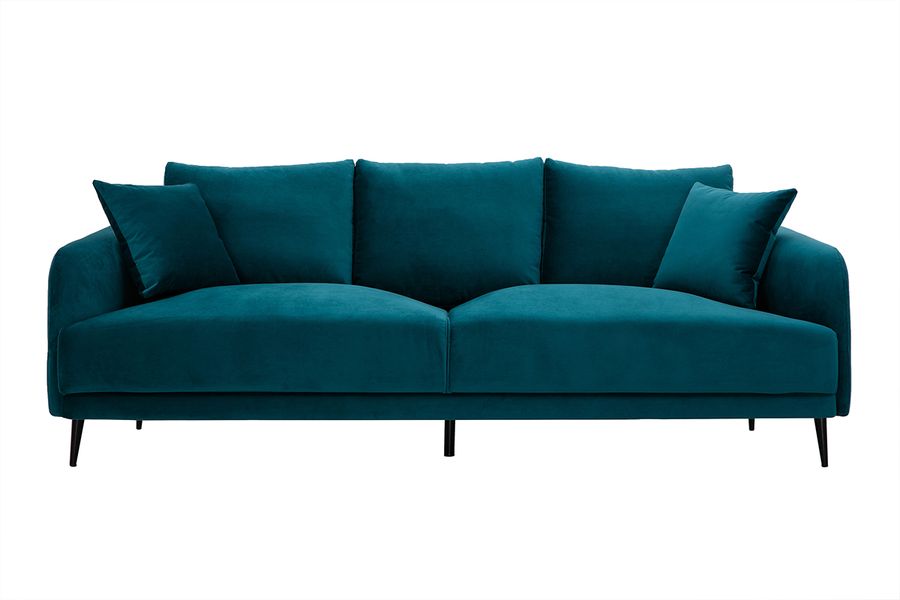 Sofá moderno 3 plazas de terciopelo azul petróleo y metal negro JERRY