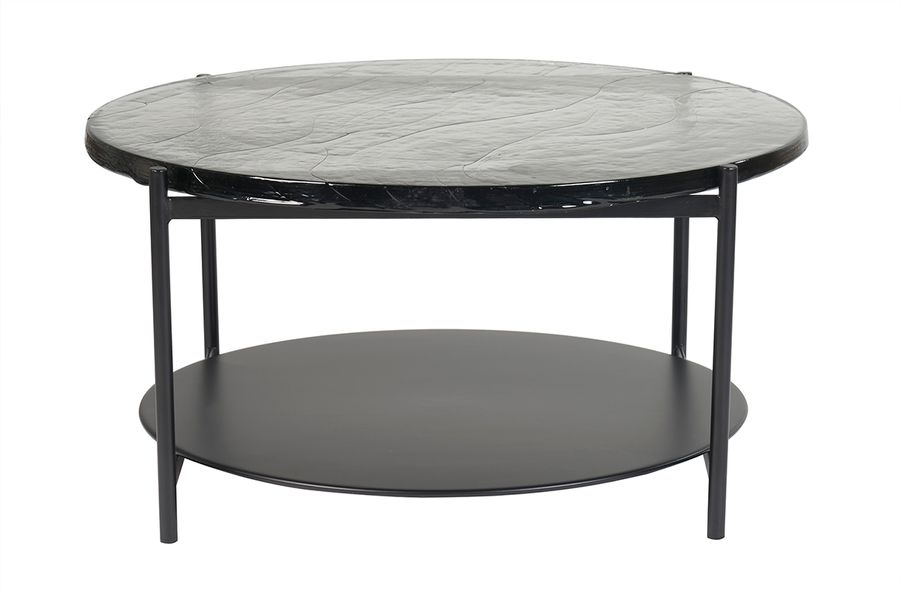 Table basse ronde avec double plateau en verre recyclé et métal noir D85 cm WELLE