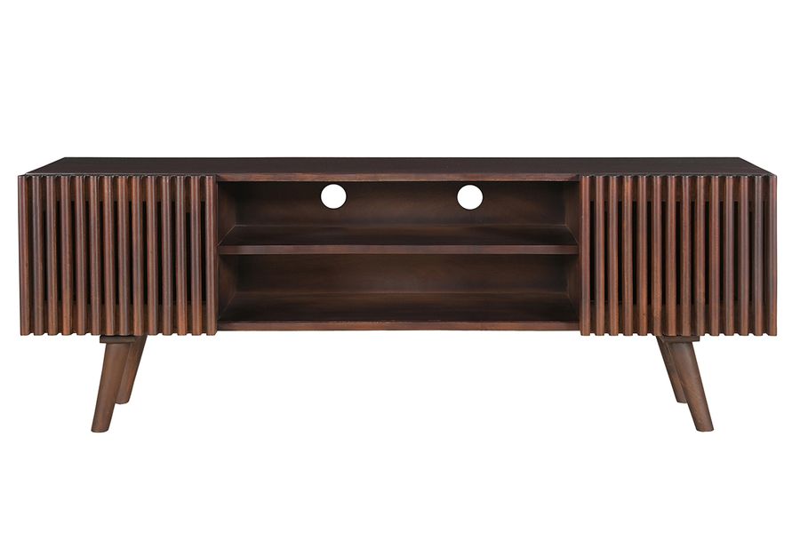 Meuble TV en manguier massif teinté bois foncé avec portes coulissantes L140 cm ALBA