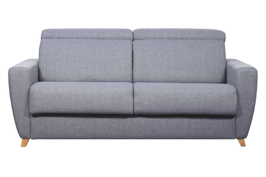 Canapé convertible avec têtières ajustables 3 places en tissu gris et bois clair et matelas 18 cm GOYA