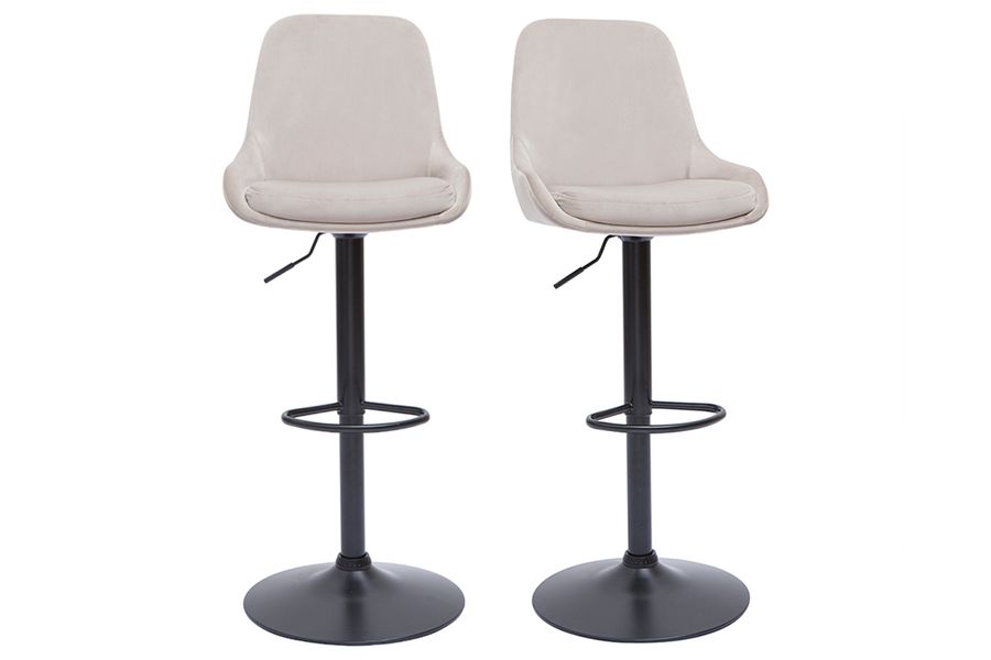 Verstellbarer Design-Barhocker aus taupefarbenem Samtstoff und schwarzem Metall 360° drehbar (2er-Set) HOLO