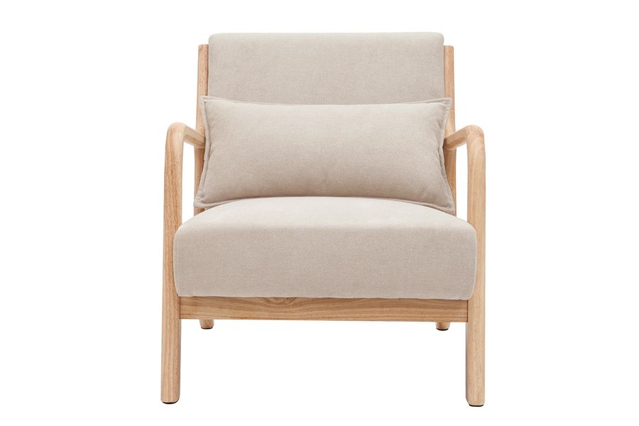 Poltrona in legno chiaro e tessuto effetto velluto beige DERRY