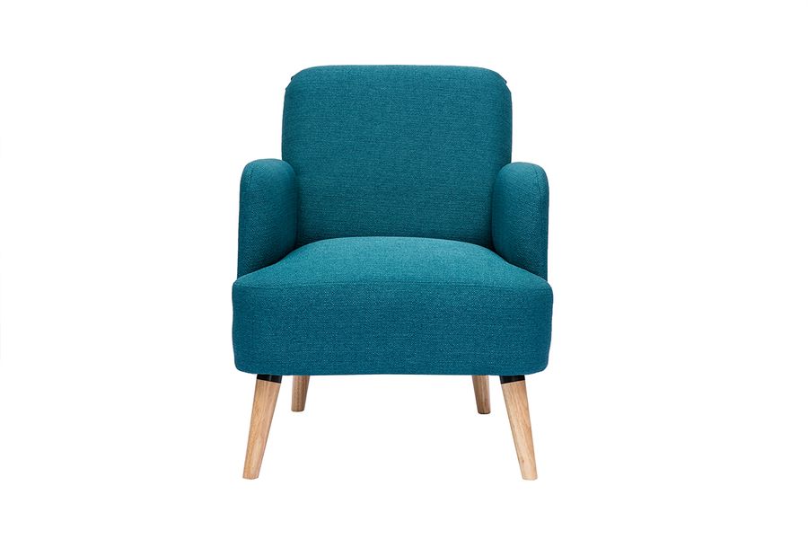 Sillón nórdico de tela azul petróleo y madera clara ISKO