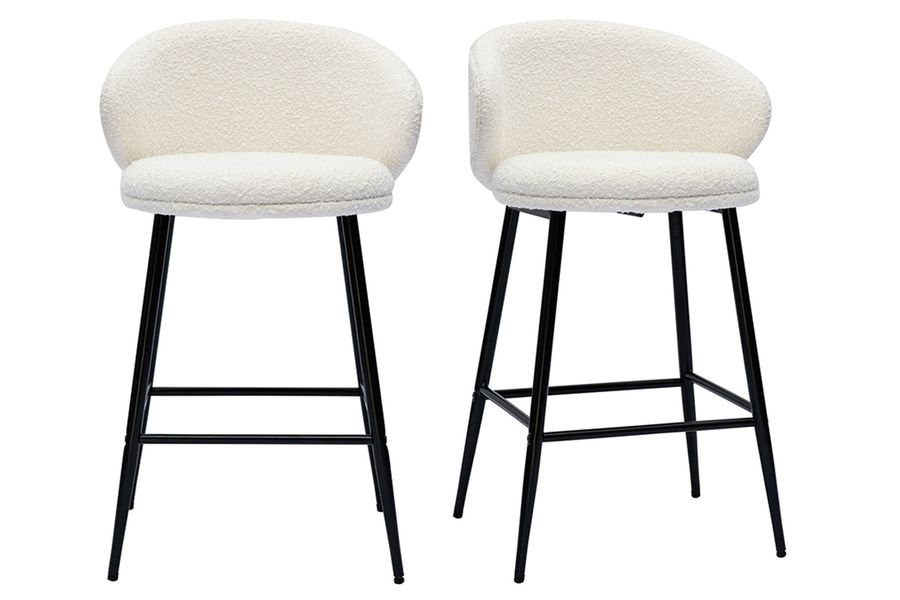 Tabourets de bar design en tissu effet laine bouclée blanc cassé et métal noir H86 cm (lot de 2) ROSALIE