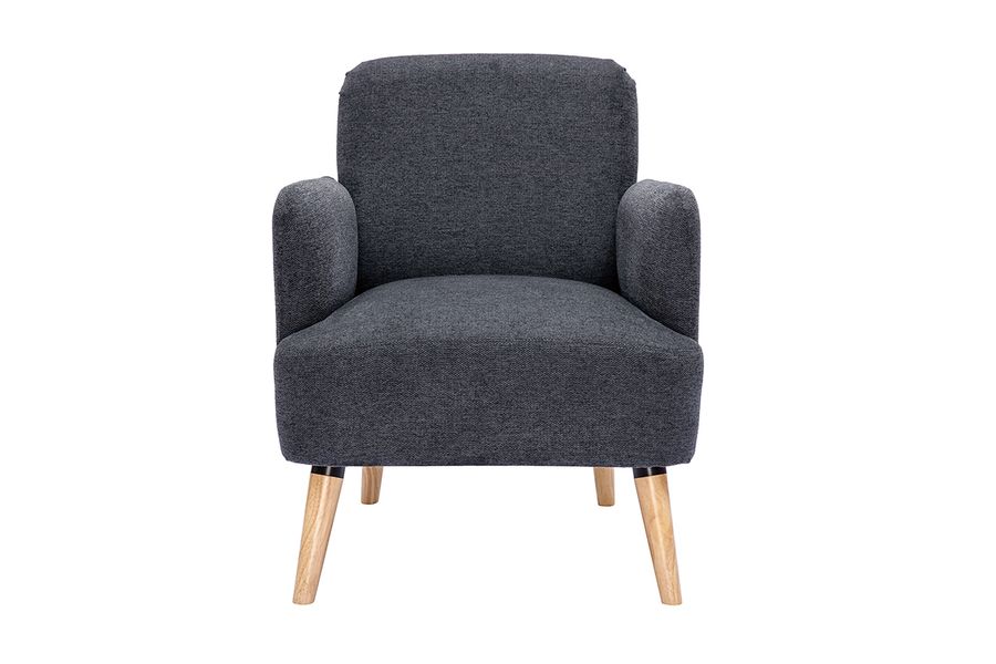 Sillón nórdico de tela efecto aterciopelado texturizado gris oscuro y madera clara ISKO