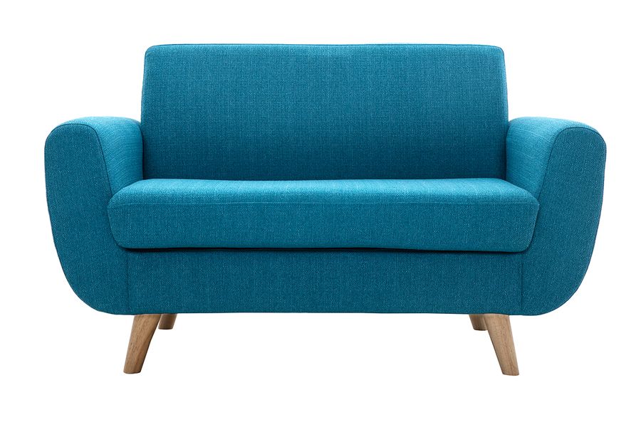 Canapé scandinave 2 places en tissu bleu canard et bois clair PURE