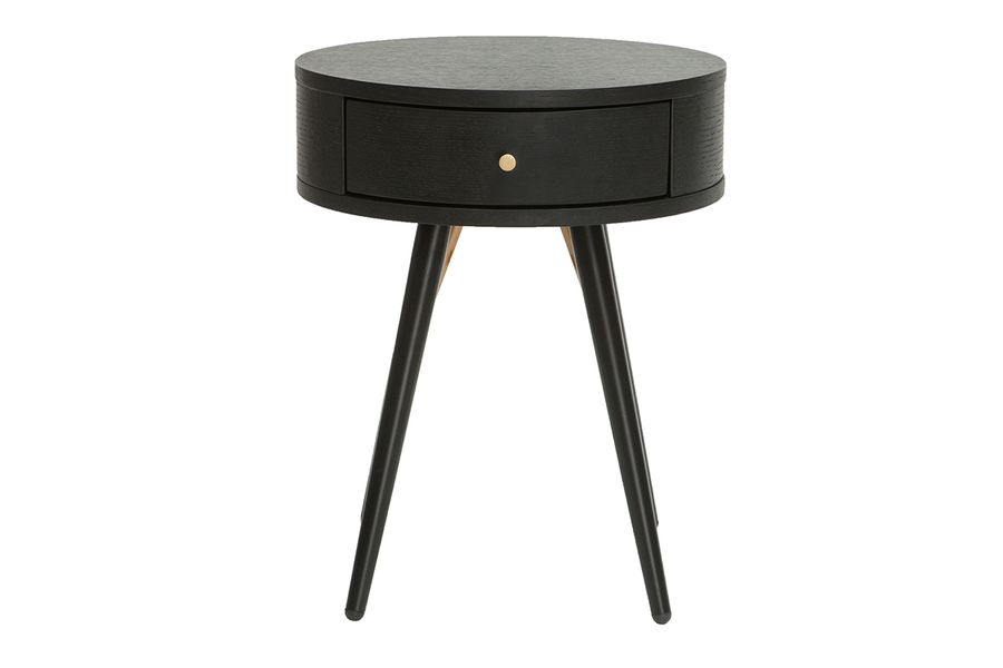 Table de chevet ronde avec tiroir bois et métal noir KORAL