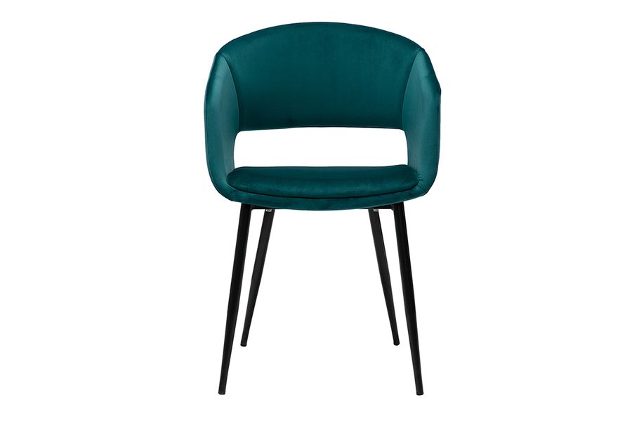 Silla de diseño de terciopelo azul petróleo y patas de metal negro PRISMA