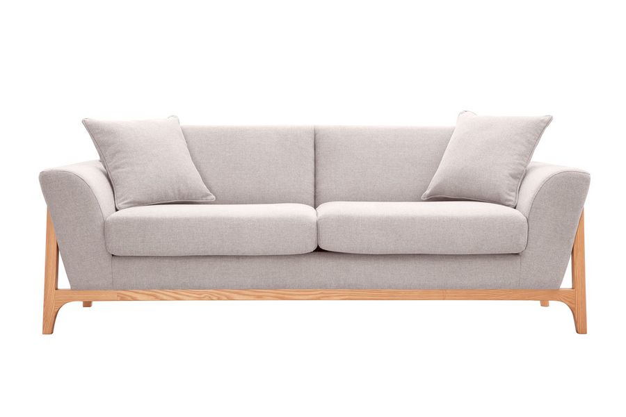 Canapé scandinave 3 places en tissu effet velours texturé beige et bois clair ASAKO