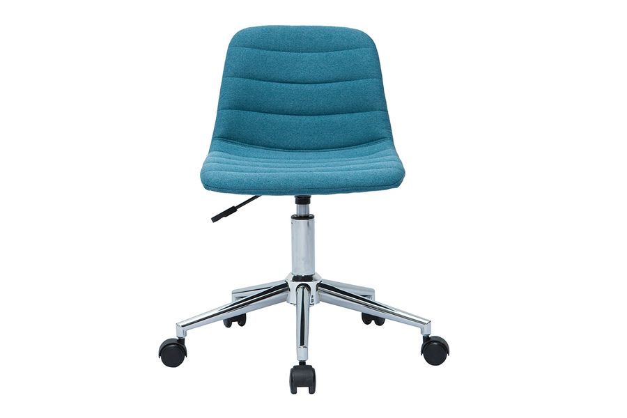 Chaise de bureau à roulettes design en tissu bleu canard et acier chromé SAURY