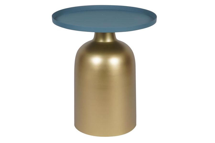 Runder Design-Beistelltisch aus Metall goldfarben mit matter petrolblauer Tischplatte RAMSES