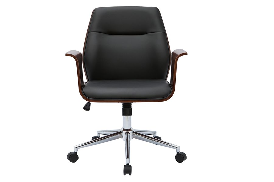 Sedia da ufficio con rotelle design nero, legno scuro noce e acciaio cromato RUFIN
