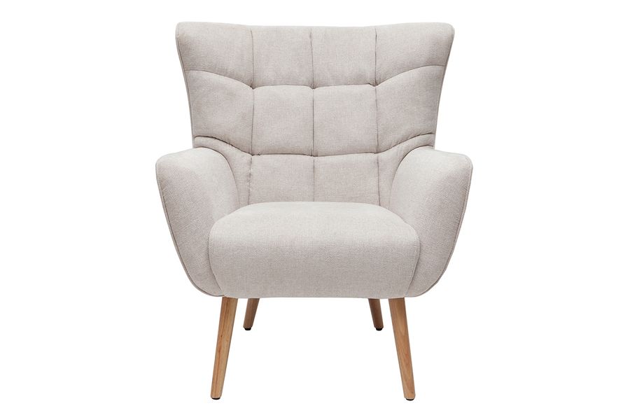 Poltrona tessuto effetto velluto testurizzato beige base legno AVERY