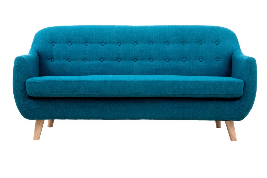 Divano scandinavo 3 posti sfoderabile blu anatra e legno YNOK