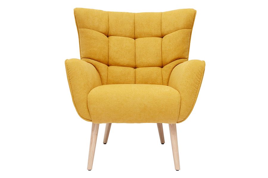 Sillón nórdico efecto terciopelo amarillo mostaza y madera AVERY